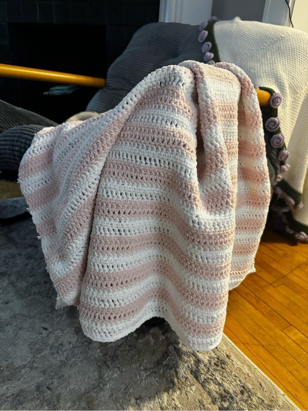 Soft Pink and White Striped Crochet Throw Blanket - 40x42 Cozy Home Accent